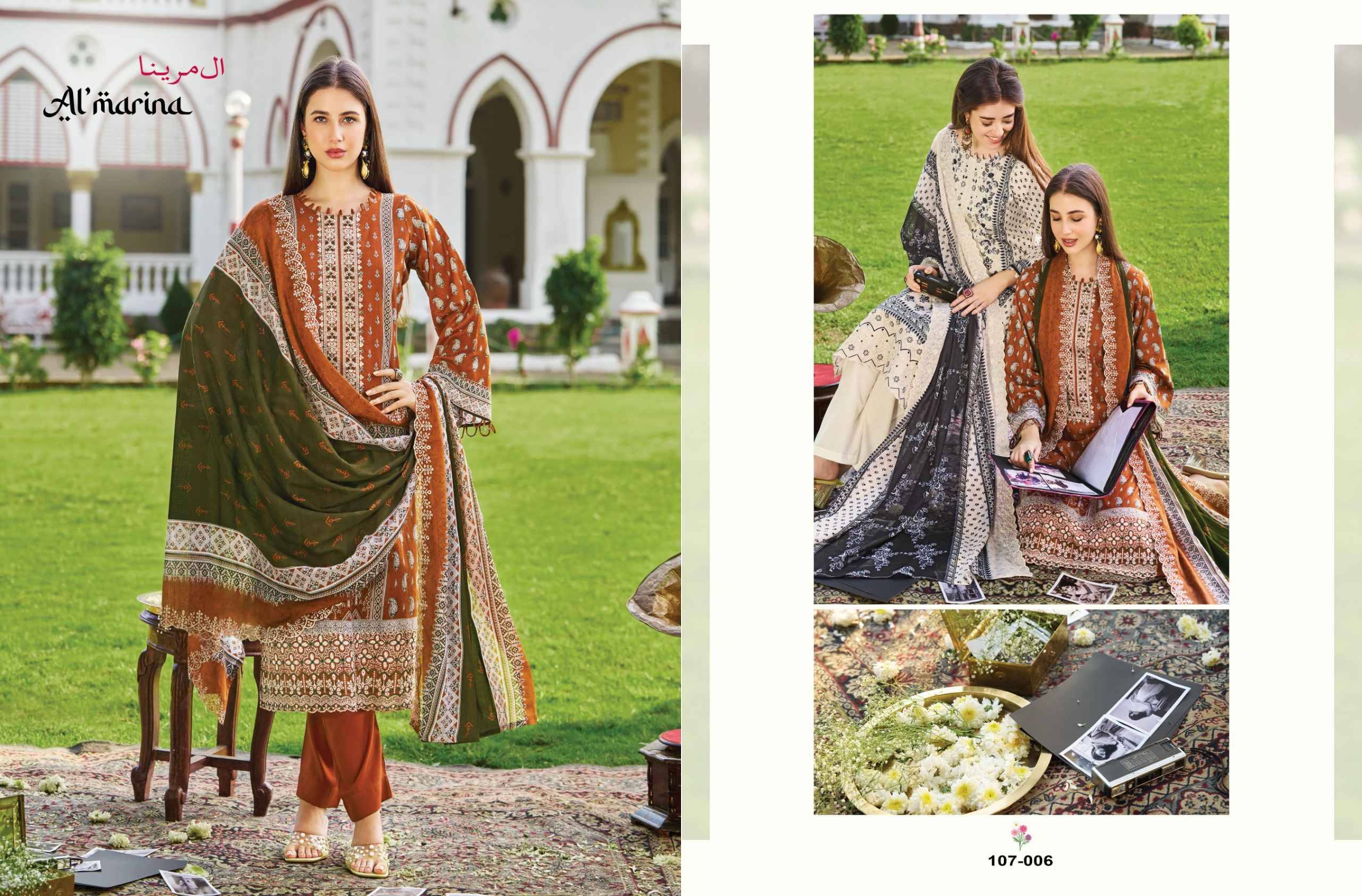 ALFAAZ 107 Series By ALMARINA Pakistani Stylish Beautiful Colourful Printed & Embroidered Party Wear & Occasional Wear Pure cotton Dresses At Wholesale Price